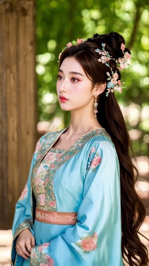 fairy hanfu, 1girl, solo, long hair, brown hair, black hair, hair ornament, dress, brown eyes, jewelry, closed mouth, upper body, earrings, hair bun, lips, chinese clothes, looking up, realistic, tienhiep