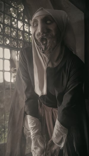 This image is a high-resolution photograph depicting a scene from the horror film "The Nun," featuring a close-up of a nun's face. The nun is wearing a traditional black and white habit with a white wimple covering her head and neck. Her face is pale and gaunt, with dark circles under her eyes and a sinister, almost demonic expression. Her eyes are wide open, with a piercing, glowing green hue, and her mouth is open, revealing sharp, pointed teeth. The lighting is dim, casting a shadow over her face and highlighting the stark contrast between her pale skin and the dark areas around her eyes and mouth. The background is blurred, but it appears to be an old, dilapidated building, adding to the eerie atmosphere. The overall tone of the image is dark and foreboding, evoking a sense of dread and fear. The photograph captures the intense, haunting presence of the nun, emphasizing the horror and supernatural elements of the film.