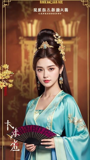 poster wallpaper, 1girl, solo, long hair, looking at viewer, brown hair, hair ornament, long sleeves, dress, holding, brown eyes, jewelry, upper body, earrings, watermark, chinese clothes, hand fan, realistic, chinese text, hanfu, tienhiep