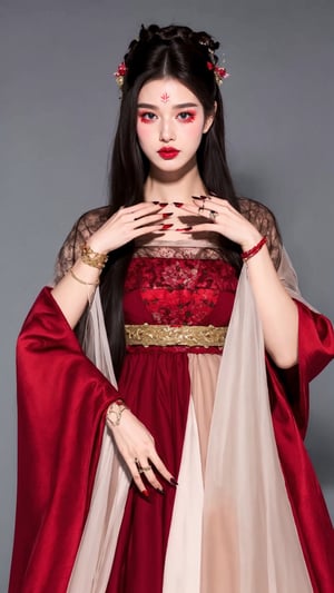 fairy hanfu, 1girl, solo, long hair, looking at viewer, black hair, long sleeves, dress, jewelry, upper body, grey background, black eyes, bracelet, fingernails, see-through, facial mark, red dress, ring, red nails, forehead mark, realistic, tienhiep,