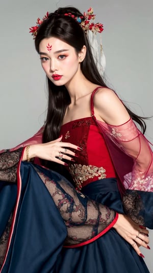 fairy hanfu, 1girl, solo, long hair, looking at viewer, black hair, long sleeves, dress, jewelry, upper body, grey background, black eyes, bracelet, fingernails, see-through, facial mark, red dress, ring, red nails, forehead mark, realistic, tienhiep,