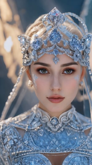 8k uhd, high quality, dramatic, cinematic, masterpiece, best quality, photorealistic, bare face, 
(fractal crystal skin:1.1) with ice crown, woman, white crystal skin, (fantasy:1.3)