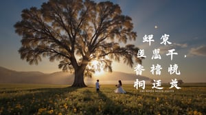 A serene moment in a field of flowers under an illuminated tree, with Chinese characters overlaying. 