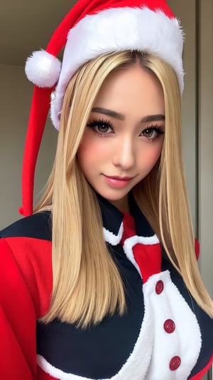 masterpiece,  best quality,  1girl,  solo,  gakuran,  christmas hat, christmas suit, long hair,  Naruto uzumaki,  long blonde hair,  spiked hair , n4rut0, facial mark,  forehead protector,  konohagakure symbol,izumi ran,transgirl