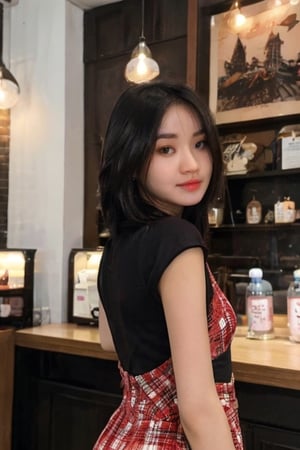 1 girl, pretty girl, 

mole on left cheek,

black hair,twintails,

small breasts,

wearing red minidress,

standing in front of coffee shop