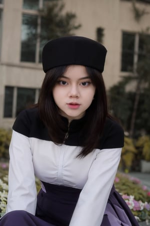 beautiful 27 year old girl, pale skin, benefits of Samsung S3 Ultra photo features, Juvia Lockser, hat, long hair, dress, thighhighs, leaning forward, hair between eyes, outdoors, fur trim, capelet, blurry, purple eyes, long sleeves, blue dress, closed mouth, flower, looking at viewer,Juvia Lockser