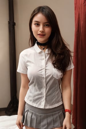 1 girl, 19 yo, looking at viewer, ((small breasts, nsfw, red slave collar, grey pleated mini skirt, white shirt with pocket on right and small button, petite body)), hotel room