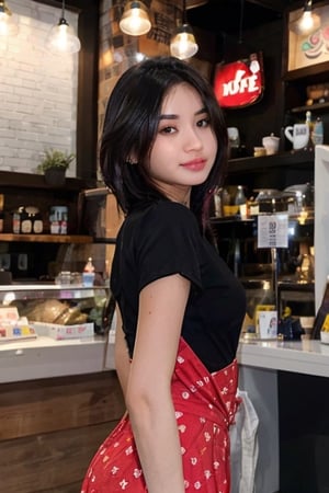 1 girl, pretty girl, 

mole on left cheek,

black hair,twintails,

small breasts,

wearing red minidress,

standing in front of coffee shop

using camera nikon Nikon D3500 24.2MP DSLR Camera with AF-P DX NIKKOR 18-55mm f/3.5-5.6G VR Lens