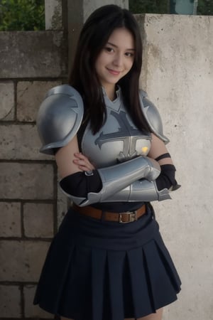 beautiful 24 year old girl, pale skin, benefits of Samsung S3 Ultra photo features, erzascarlet, armor, breastplate, gauntlets, shoulder armor, blue skirt, looking at viewer, smile, crossed arms,GEBIAN