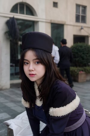 beautiful 27 year old girl, pale skin, benefits of Samsung S3 Ultra photo features, Juvia Lockser, hat, long hair, dress, thighhighs, leaning forward, hair between eyes, outdoors, fur trim, capelet, blurry, purple eyes, long sleeves, blue dress, closed mouth, flower, looking at viewer