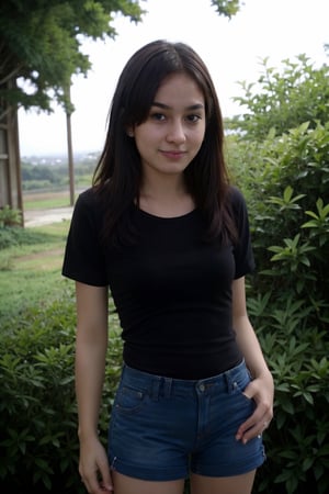 BEAUTIFUL 25 years old girl,three-quarters view, looking at the viewer, with a dark blue smoky gradient in background, wearing jean shorts and a black t-shirt with no text,  (head shot:1.3), (well-lit:1.2), 