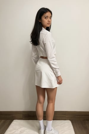 1girl, solo, long hair, looking at viewer, black eyes, lips, head tilt, black hair, standing, arms behind back, full_body, navle,
 jacket, white shirt, white miniskirt, tight miniskirt, shirt tucked in, white shoes, white socks, 
cowboy shot, indoors, realistic, inside photography studio, white curtain, focus on ass, shot from behind