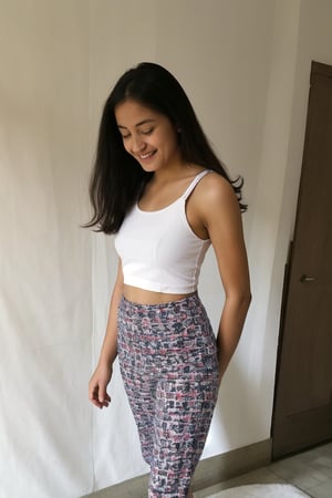 1girl, solo, petite, long hair, looking at viewer, smile, torn tank top++, torn yoga pants++, arousal, trembling, heat body, upper body, indoors, realistic, traditional_media, torn clothes