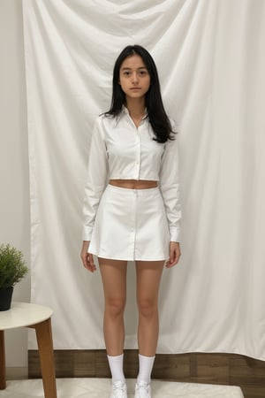 1girl, solo, long hair, looking at viewer, black eyes, lips, head tilt, black hair, standing, arms behind back,  full_body,
white shirt, white miniskirt, tight miniskirt, jacket, shirt tucked in, white shoes, white socks, 
cowboy shot, indoors, realistic, inside photography studio, white curtain