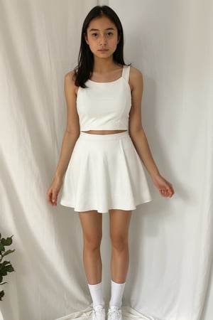 1girl, solo, long hair, looking at viewer, full_body, navle,
white tanktop, white miniskirt, tight miniskirt, white shoes, white socks, 
cowboy shot, indoors, realistic, inside photography studio, white curtain, 
standing, thighs, front view, disgust expression, looking down, white panties, ((skirt lift pov,from below, lifted by self))