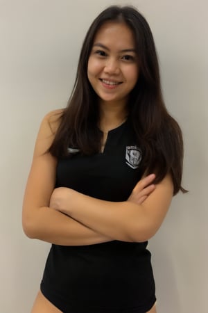 1girl, solo, long hair, looking at viewer, smile, simple background, shirt, black hair, brown eyes, short sleeves, teeth, grey background, necklace, grin, black eyes, crossed arms, red shirt, sportswear, realistic, soccer uniform, jersey, soccer