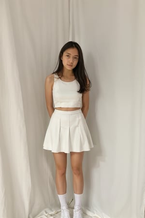 1girl, solo, long hair, looking at viewer, arms behind back, full_body, navle,
white tanktop, white miniskirt, tight miniskirt, white shoes, white socks, 
cowboy shot, indoors, realistic, inside photography studio, white curtain, 
standing, thighs, front view,((lift_skirt,liftskirtf,lift_skirtf))