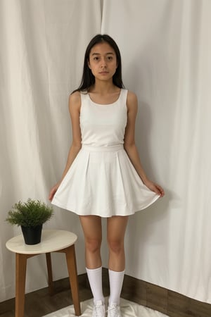 1girl, solo, long hair, looking at viewer, full_body, navle,
white tanktop, white miniskirt, tight miniskirt, white shoes, white socks, 
cowboy shot, indoors, realistic, inside photography studio, white curtain, 
standing, thighs, front view, ((disgust expression, looking down, white panties, skirt lift pov,from below, lifted by self))