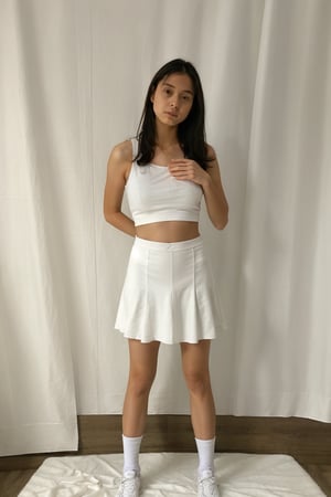 1girl, solo, long hair, looking at viewer, full_body, navle, ((lifting shirt, underboobs)),
white tanktop, white miniskirt, tight miniskirt, white shoes, white socks, 
cowboy shot, indoors, realistic, inside photography studio, white curtain, 
standing, thighs