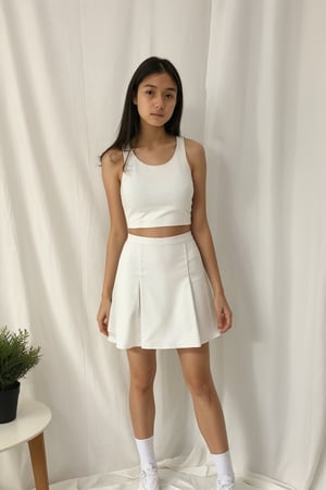 1girl, solo, long hair, looking at viewer, arms behind back, full_body, navle,
white tanktop, white miniskirt, tight miniskirt, white shoes, white socks, 
cowboy shot, indoors, realistic, inside photography studio, white curtain, 
((standing, thighs, front view))