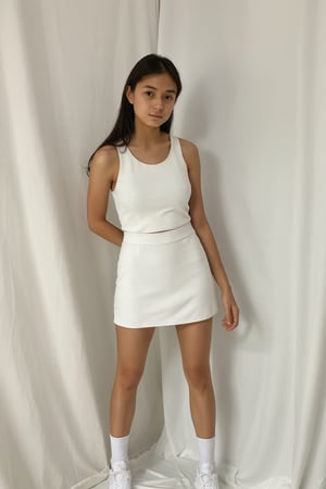 1girl, solo, long hair, looking at viewer, arms behind back, full_body, navle,
white tanktop, white miniskirt, tight miniskirt, white shoes, white socks, 
cowboy shot, indoors, realistic, inside photography studio, white curtain, 
((standing, thighs, front view))