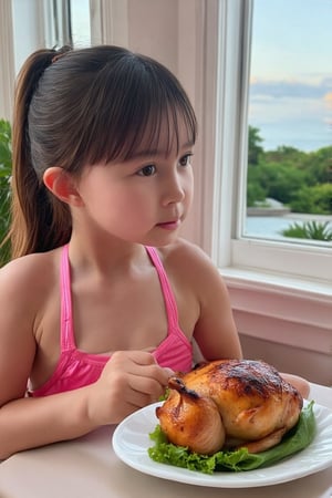 A serene summer afternoon scene: A lovely young girl, dressed in a bright swimsuit, sits by the bay window, gazing intently at the roasted chicken on the table. Soft sunlight filters through the window, casting a warm glow on her smooth skin and highlighting the tender expression on her face. The composition is simple yet inviting, drawing the viewer's attention to the girl's fascination with the savory treat.,hina