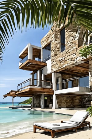 A serene holiday villa scene: a majestic structure with whitewashed walls and rustic wooden accents, nestled among lush palm trees, overlooking the turquoise waters of the sea. Warm sunset light casts long shadows across the sandy beach, where a few lounging chairs are scattered, inviting relaxation. The textured stone walls blend seamlessly with the natural surroundings, creating a harmonious oasis.,archmarkerpen