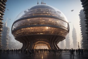 A new type of flying ship for sightseeing in the city of the future with glass dome, Residents live in a sizable number of glass bubble capsules, The alien colonial cities of the future look like towering ant nests built in Halong Bay filled with fog, glass dome, communications spire landmark, aircraft terminal, aerial mass transportation, ((The steel tower in the imperial capital of Star Wars, the Rubik's Cube and Golden Tower of the corporate headquarters in Blade Runner, The floating kingdom of Hayao Miyazaki's Castle in the Sky, the catacombs of Paris are full of skulls, Famous British architect Dream Detective)), (futuristic:1.2), a huge military factory made of steel, glass, fog, sun, in the clouds, , futuristic military planes, moody tones, 
(real landscape:1.1), (blurred background:1.0), 
LW, ,industrialbuilding,xtower,futureskyline,futureurban,scifiurban