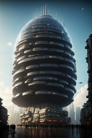 A new type of flying ship for sightseeing in the city of the future with glass dome, Residents live in a sizable number of glass bubble capsules, The alien colonial cities of the future look like towering ant nests built in Halong Bay filled with fog, glass dome, communications spire landmark, aircraft terminal, aerial mass transportation, ((The steel tower in the imperial capital of Star Wars, the Rubik's Cube and Golden Tower of the corporate headquarters in Blade Runner, The floating kingdom of Hayao Miyazaki's Castle in the Sky, the catacombs of Paris are full of skulls, Famous British architect Dream Detective)), (futuristic:1.2), a huge military factory made of steel, glass, fog, sun, in the clouds, , futuristic military planes, moody tones, 
(real landscape:1.1), (blurred background:1.0), 
LW, ,industrialbuilding,xtower,futureskyline,futureurban,scifiurban,hillscastel,stacked,vertical,spstation,void,more detail XL