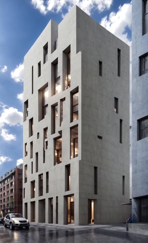 Computer 3D simulation rendering, first prize in architectural competition,
a high-rise building, In an urban environment,
Blue sky and white clouds, blurred background,
Rich light and shadow,High details, door and window details, 
stone textures, metal textures, Landscape, vehicle traffic and pedestrians,
,vertical,void