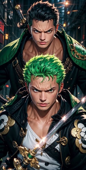 Roronoa Zoro,  the iconic character from the One Piece anime:

"Generate a striking and highly detailed visual representation of the legendary swordsman,  Roronoa Zoro,  from the One Piece anime. Zoro is known for his distinctive appearance and formidable skills.

His hair is a vibrant shade of green,  complementing his determined brown eyes. He stands tall and resolute,  exuding an air of strength and unwavering determination. Zoro is clad in his signature green outfit,  complete with a white haramaki and a bandana.

In his skilled hands,  he wields not one but two katana swords,  each one unique and finely detailed. The swords should be a reflection of his mastery and the essence of his character.

This image should capture the essence of Zoro's iconic appearance,  showcasing his powerful presence and his status as one of the most beloved characters in the One Piece series." Photographic cinematic super super high detailed super realistic image,  8k HDR super high quality image,  masterpiece, perfecteyes, zoro,  ((perfect hands)),  ((super high detailed image)),  ((perfect swords)),  dynamic pose, , , , , 
,zoro,PD-802