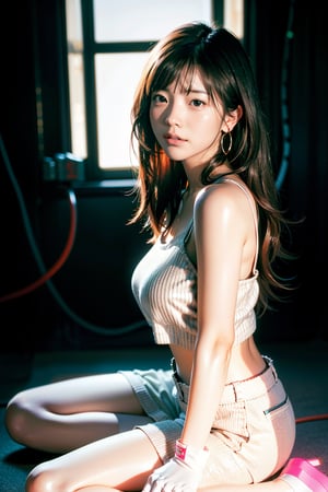 1 girl, most beautiful korean girl, Korean beauty model, idol face, gorgeous girl, an extremely cute and beautiful girl, highly detailed beautiful face and eyes, over sized eyes, big eyes, smiling, 18yo, looking at viewer, looking at viewer, solo, long hair, breasts, blush, smile, bangs, large breasts, simple background, shirt, black hair, red eyes, gloves, white background, bare shoulders, brown eyes, jewelry, sitting, very long hair, full body, white shirt, thighs, earrings, boots, parted lips, sleeveless, socks, elbow gloves, grin, from side, crop top, bottomless, wariza, suspenders, tank top, black socks, between legs, low-tied long hair, taut clothes, white tank top, elbow pads, dangle earrings, tifa lockhart, (((neon theme))), dark theme, vivid color, masterpiece, best quality, amazing quality, very aesthetic, absurdres, depth of field, score_9, score_8, score_7, score_6,sexy girl