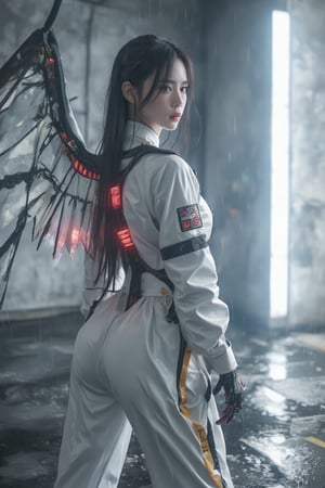 The lux and the beauty of a model inside bioflurocent , wearing white Cybernatic suit with jacket hoodie, winged Sharp back_pack, long shot view epic masterpiece professional photography, --s 0 --stylez raw-- 6.0 -- , WebFace260M,captured by CANON EOS 250D,