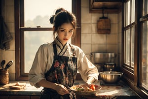 "Hyper-realistic watercolor painting. Medium shot. A beautiful Chinese woman prepares food in a kitchen with a window. Frame-filling hierarchy of composition. Soft, warm sunlight. Gentle, watercolor-caressed features. Subtle, wet-on-wet blending. Chef's hat, rustic apron. traditional Chinese Wooden window, old tile, morning dew. Earthy, muted color palette. Rich textures. Masterpiece. Intricate details. Figurative painting. Hyper-realism. Realistic still-life. Daily life scene. Soft focus."