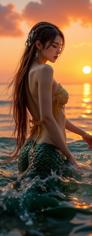 Best quality, masterpiece, ultra high res, (photorealistic:1.5), raw photo, (Masterpiece, Top Quality, Best Quality, Official Art, Beauty and Aesthetics: 1.2), A stunning mermaid emerging from the ocean at sunset, masterpiece, vibrant orange and purple skies, water droplets on her skin, long wet hair, the sun setting in the background, dramatic lighting, hyperrealism, warm tones, smooth transitions between light and shadow, ocean waves glowing, reflective scales, cinematic, octane render, mythical yet realistic,Eroflo, green and yellow outfit