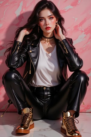  girl sat down ,fully accessories,neck small tattoo,wear black leather spike design jacket,white baby shirt,black leather long pants,high sneaker with gold colour ,hang touch her hair,model pose , background with pink marble wall,