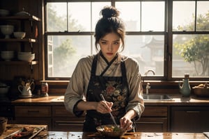 "Hyper-realistic watercolor painting. Medium shot. A beautiful Chinese woman prepares food in a kitchen with a window. Frame-filling hierarchy of composition. Soft, warm sunlight. Gentle, watercolor-caressed features. Subtle, wet-on-wet blending. Chef's hat, rustic apron. traditional Chinese Wooden window, old tile, morning dew. Earthy, muted color palette. Rich textures. Masterpiece. Intricate details. Figurative painting. Hyper-realism. Realistic still-life. Daily life scene. Soft focus."