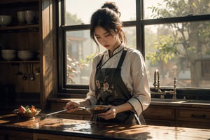 "Hyper-realistic watercolor painting. Medium shot. A beautiful Chinese woman prepares food in a kitchen with a window. Frame-filling hierarchy of composition. Soft, warm sunlight. Gentle, watercolor-caressed features. Subtle, wet-on-wet blending. Chef's hat, rustic apron. traditional Chinese Wooden window, old tile, morning dew. Earthy, muted color palette. Rich textures. Masterpiece. Intricate details. Figurative painting. Hyper-realism. Realistic still-life. Daily life scene. Soft focus."