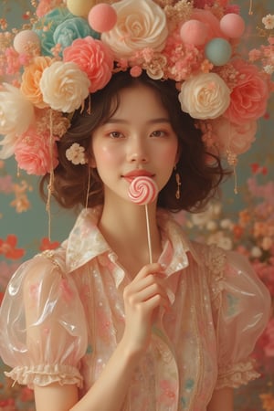 A woman in a Pixomeda style, vibrant and surreal. She is framed in a mid-shot, wearing a candy-themed outfit with pastel colors, while eating a lollipop, exuding a playful and whimsical vibe. Soft, warm lighting highlights her elegant features and joyful expression. Her pose is relaxed, with a bright smile. The composition is balanced, with intricate details and a dreamlike atmosphere. The background is abstract and colorful, enhancing her sweet and enchanting presence.