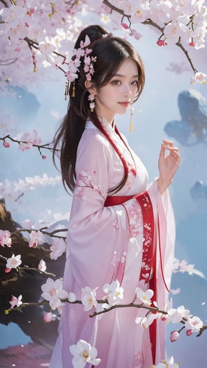 (masterpiece, top quality, best quality, official art, beautiful and aesthetic:1.2), (1girl), extreme detailed,(abstract, fractal art:1.3),highest detailed, detailed_eyes, light_particles, hanfu,jewelry, sexy, ,red,cherry blossom,The left hand's orchid fingers pinch a branch blooming with cherry blossoms,The right hand's orchid fingers lightly pinch the left sleeve