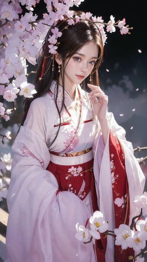 (masterpiece, top quality, best quality, official art, beautiful and aesthetic:1.2), (1girl), extreme detailed,(abstract, fractal art:1.3),highest detailed, detailed_eyes, light_particles, hanfu,jewelry, sexy, ,red,cherry blossom,The left hand's orchid fingers pinch a branch blooming with cherry blossoms,The right hand's orchid fingers lightly pinch the left sleeve