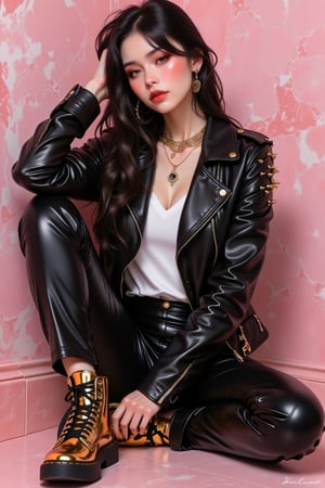  girl sat down ,fully accessories,neck small tattoo,wear black leather spike design jacket,white baby shirt,black leather long pants,high sneaker with gold colour ,hang touch her hair,model pose , background with pink marble wall,