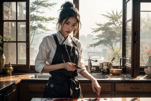 "Hyper-realistic watercolor painting. Medium shot. A beautiful Chinese woman prepares food in a kitchen with a window. Frame-filling hierarchy of composition. Soft, warm sunlight. Gentle, watercolor-caressed features. Subtle, wet-on-wet blending. Chef's hat, rustic apron. traditional Chinese Wooden window, old tile, morning dew. Earthy, muted color palette. Rich textures. Masterpiece. Intricate details. Figurative painting. Hyper-realism. Realistic still-life. Daily life scene. Soft focus."