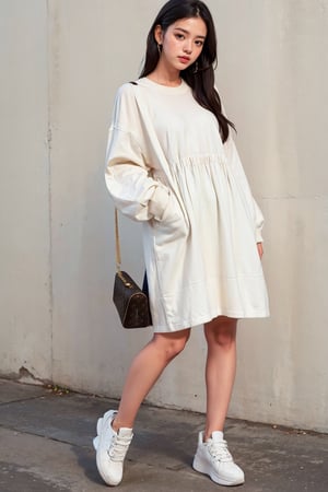 1girl, solo, long hair, black hair, dress, standing, full body, shoes, bag,louis vuitton bag, white footwear, sneakers, photo background,Perfect lips