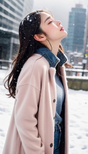 cute girl, long hair, fashion coat, pink winter coat, Jeans, standing looking up at the sky as snow is falling, winter city, cloudy, 4K, ultra HD, RAW photo, realistic, masterpiece, best quality, beautiful skin, white skin, 50mm, medium shot, outdoor, half body, photography, Portrait, ,chinatsumura, high fashion, snowflakes