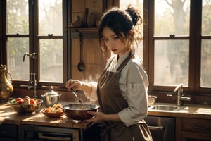 "Hyper-realistic watercolor painting. Medium shot. A beautiful Chinese woman prepares food in a kitchen with a window. Frame-filling hierarchy of composition. Soft, warm sunlight. Gentle, watercolor-caressed features. Subtle, wet-on-wet blending. Chef's hat, rustic apron. traditional Chinese Wooden window, old tile, morning dew. Earthy, muted color palette. Rich textures. Masterpiece. Intricate details. Figurative painting. Hyper-realism. Realistic still-life. Daily life scene. Soft focus."