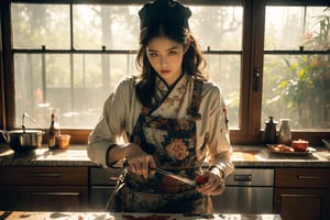 "Hyper-realistic watercolor painting. Medium shot. A beautiful Chinese woman prepares food in a kitchen with a window. Frame-filling hierarchy of composition. Soft, warm sunlight. Gentle, watercolor-caressed features. Subtle, wet-on-wet blending. Chef's hat, rustic apron. traditional Chinese Wooden window, old tile, morning dew. Earthy, muted color palette. Rich textures. Masterpiece. Intricate details. Figurative painting. Hyper-realism. Realistic still-life. Daily life scene. Soft focus."