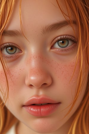 hyperrealistic digital painting by J. Scott Campbell and Thomas Saliot and Jeremiah Ketner and Lois van Baarle, lifelike anime, incredibly detailed, bokeh, ultra realistic, 8k, incredibly cute ginger girl, freckles, skin inperfections, staring at viewer,(super close-up shot:1.5), (side on:1.5),(focus on eyes:1.3), hair over eyes, depth of field focus,suspended dust particles in air