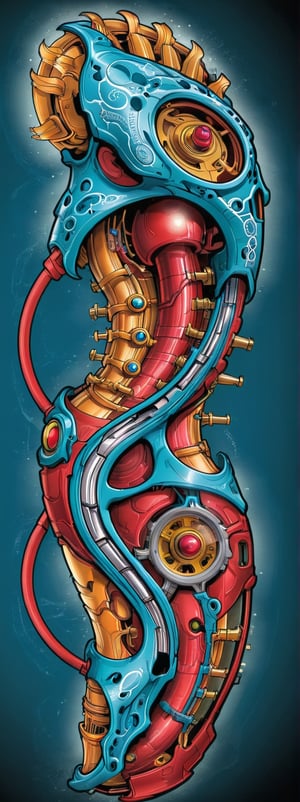 a image of a desing for a tatto sleeve lower arm, the tatto makes the sensation of a biomechanic lower arm, you can see the circuits and biochips, the principal Colors are: red, white and blue. the image evoke power and kidness