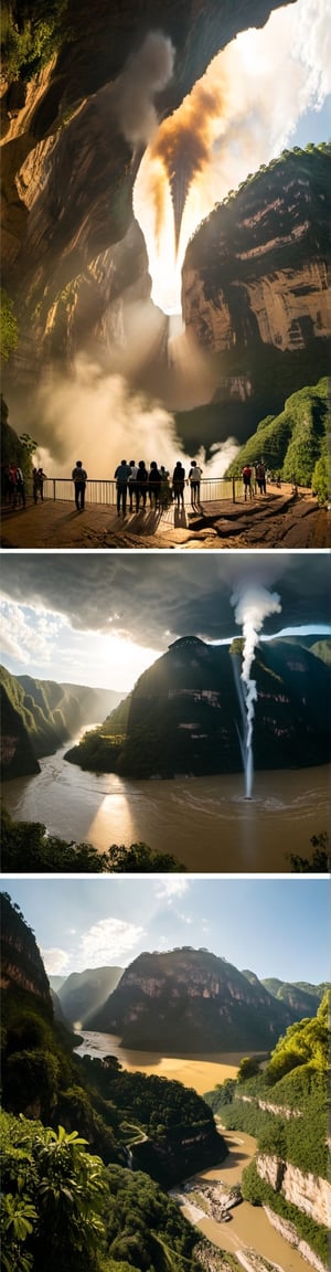 creates an amazing image of how aliens invade the  canyon of the sumidero in chiapas , parachicos look scared and astonished as the alien ships come. the image takes place in the grijalva river of the canyon. there are signs broken by alien beams. there is smoke coming out of the buildings, there are aliens everywhere, a part of them is dedicated to gather and collect human beings for their scalvitude and medical and genetic study, the image is taken with a hasselblad 907x camera and a 40 mm wide angle lens. the composition of the image should be based on the golden circle and perspectives created by diagonal lines. high definition image, use surrealist art to generate the image, use cinematographic lighting.
,Realistic,alienzkin
